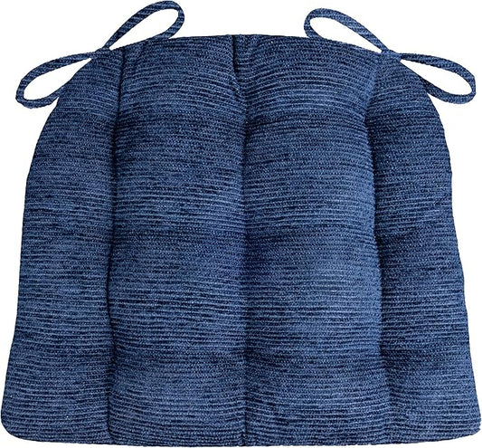 Barnett Home Decor Chenille Rib Navy Blue Dining Chair Cushions with Ties - 16.5 x 18 Size Medium Chair Pad - Latex Foam Fill, Reversible - Made in USA (Midnight Blue)