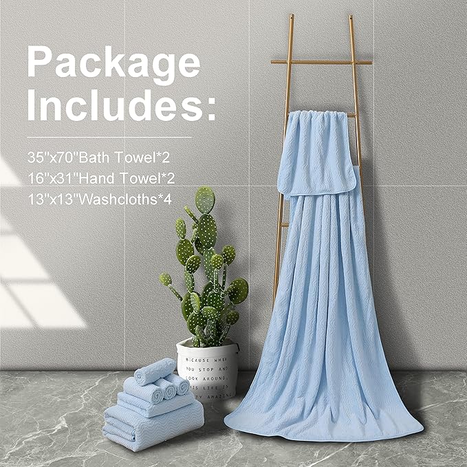 Ultra Soft 8 Piece Textured Bath Towel Set for Bathroom Shower Pool, Kitchen, Quick Dry, Lightweight Highly Absorbent - 2 Oversized Bath Towel Sheets, 2 Hand Towels, 4 Washcloths - Light Blue