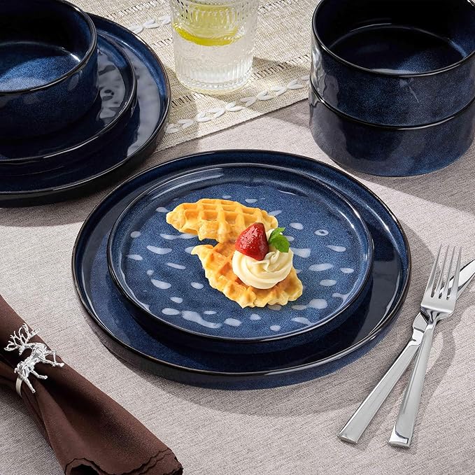 Herogo 24 Pieces Dinnerware Sets for 8, Plates and Bowls Sets for Home Serving, Stoneware Dinning Dishes, Dishwasher & Microwave Safe, Starry Blue