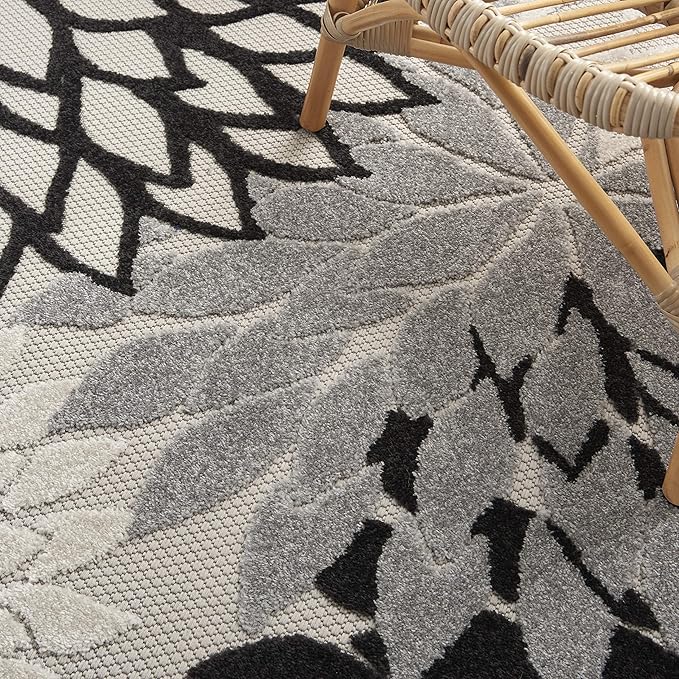 Nourison Aloha Indoor/Outdoor Black White 3'6" x 5'6" Area Rug, Tropical, Botanical, Easy Cleaning, Non Shedding, Bed Room, Living Room, Dining Room, Deck, Backyard, Patio (3x5)