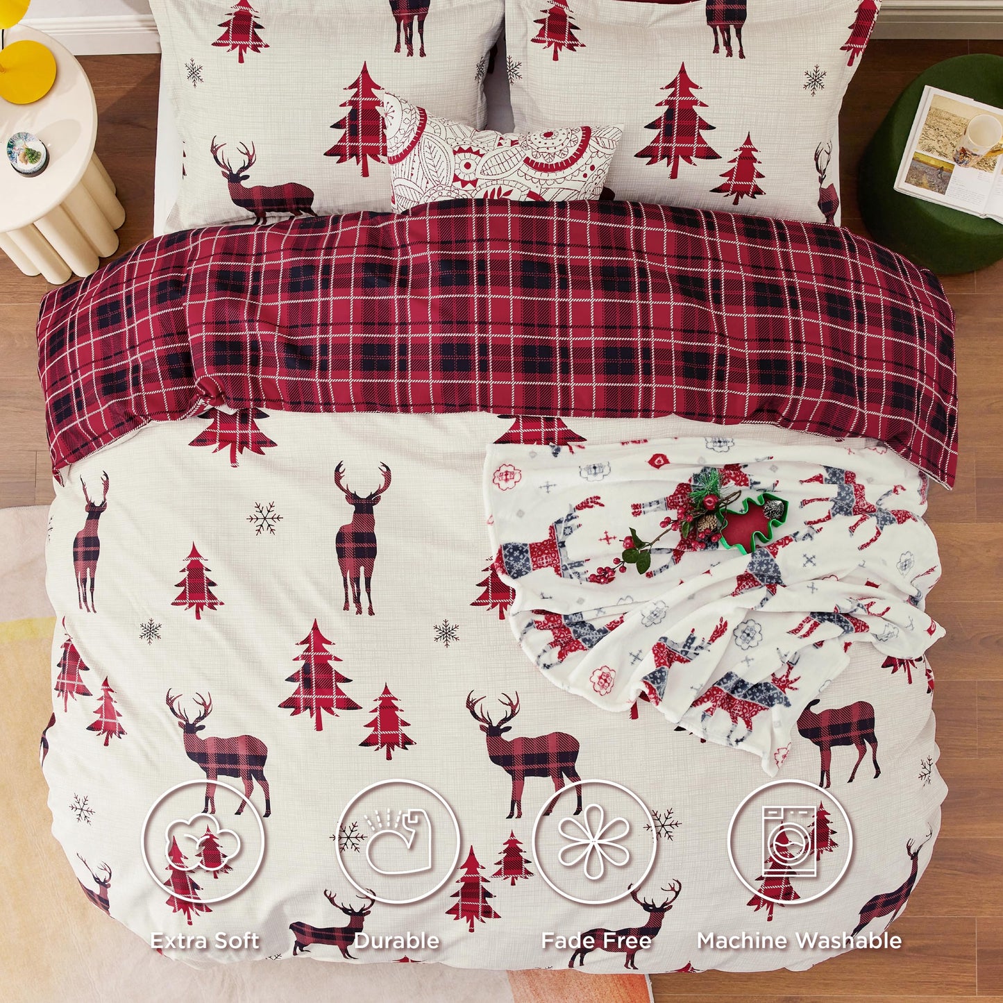 Bedsure King Size Christmas Duvet Cover Set - Festive Bedding Collection Featuring a Reversible Red Plaid Buffalo Check Design, Includes 1 Duvet Cover and 2 Pillow Shams (King, Reindeer)