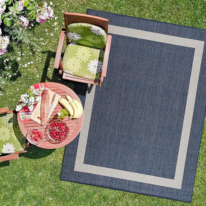 CAMILSON Outdoor Rug 9x12, Large Modern Outside Rugs for Patios Porches Waterproof Durable Washable Non-Shedding, Easy-to-Clean Indoor Outdoor Area Carpet (9 x 12, Bordered - Blue/White)
