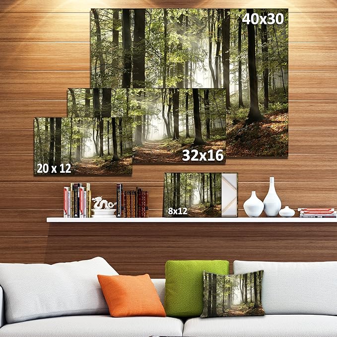 DesignArt Green Fall Forest with Sun Rays - Landscape Photography Canvas Print, Country Charm, Wall Art to Decorate Your Living Room and Bedroom, Green, Made Of Wood & Cotton Material- Large Sizes