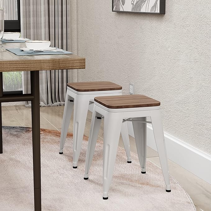 Andeworld 18 Inch Stools Set of 4,Industrial Metal Dining Chair with Wooden Seat,Short Kitchen Bar Stools Stackable for School,Classroom,Cream White