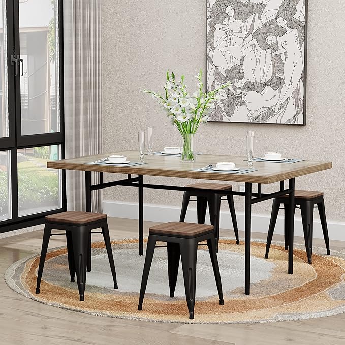 Andeworld 18 Inch Stools Set of 4,Industrial Metal Dining Chair with Wooden Seat,Short Kitchen Bar Stools Stackable Stools for School,Classroom, Matte Black