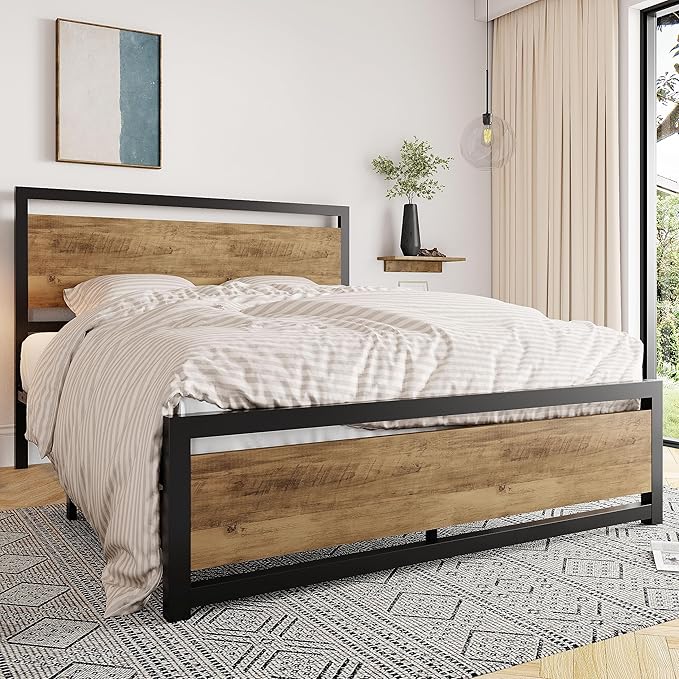 Allewie Queen Bed Frame with Headboard, Heavy Duty Metal Platform Base with Strong Support, Underneath Storage Space, Stable Mattress Foundation, No Box Spring Needed, Brown