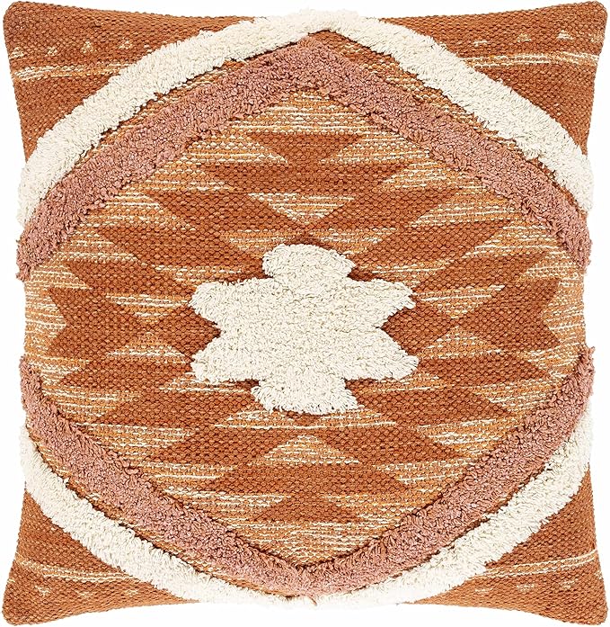 Hauteloom Shepardsville Decorative Throw Pillow Cover with Down Goose Feather Insert - Sofa Couch Cushion Pillow - Boho Farmhouse Lumbar Pillow - Cover%100 Cotton - Orange, Beige - 18" x 18"