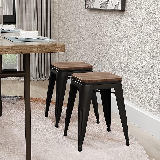 Andeworld 18 Inch Stools Set of 4,Industrial Metal Dining Chair with Wooden Seat,Short Kitchen Bar Stools Stackable Stools for School,Classroom, Matte Black