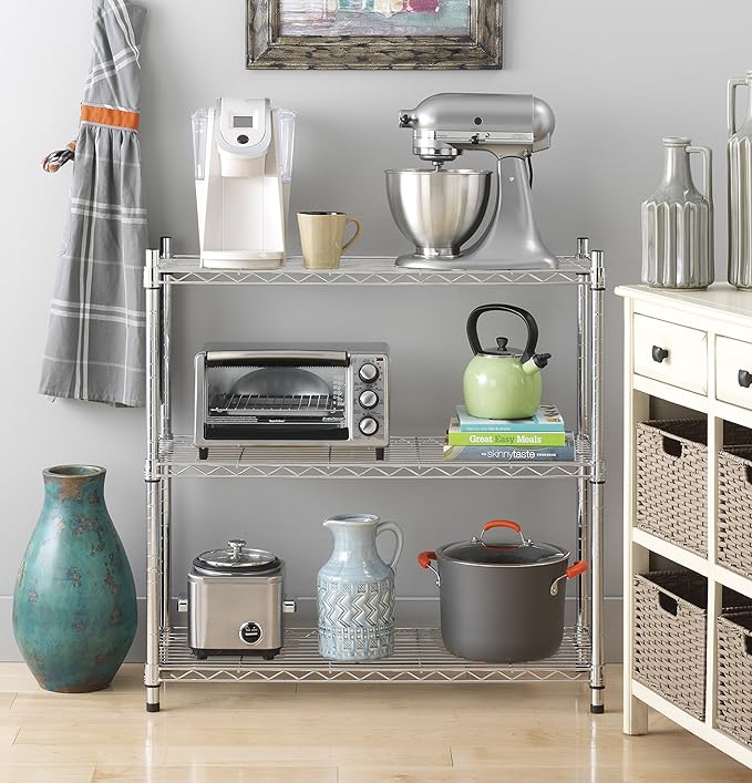 Whitmor 3 Tier Shelving Unit, Metal Storage Shelves, 400 lbs Capacity per Shelf, 1200 lbs Total, Durable Heavy Duty Shelf for Kitchen, Garage, Plant, 36"L x 14"W x 36"H, Chrome