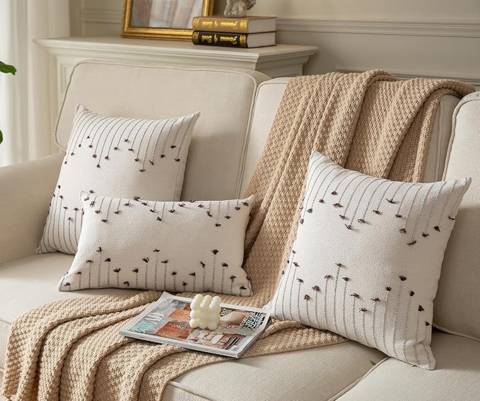 Boho Throw Pillow Covers 12x20 Set of 2 Decorative Pillows for Bed, Neutral Pillow Covers Beige with Coffee Line Throw Pillows for Modern Farmhouse Couch Sofa Living Room Outdoor