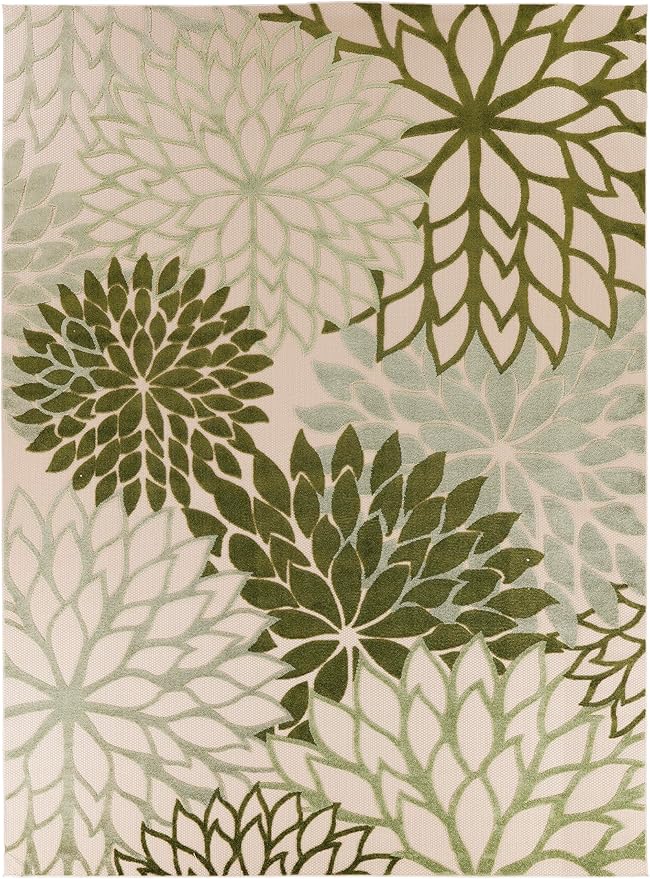 Nourison Home Aloha Indoor/Outdoor Ivory Green 7'10" x 10'6" Area Rug, Easy-Cleaning, Non Shedding, Bed Room, Living Room, Dining Room, Backyard, Patio, Deck (8x11)