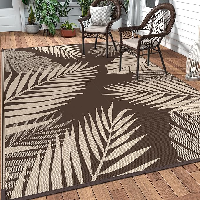 GENIMO Outdoor Rug 5' x 8' Waterproof for Patios Clearance, Reversible Outdoor Plastic Straw Camping Rug Carpet, Large Area Rugs Mats for RV, Camper, Deck, Balcony, Porch, Beach, Picnic, Coffee&Beige