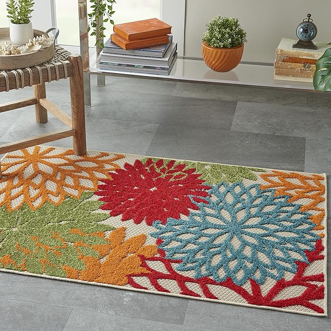 Nourison Aloha Indoor/Outdoor Green 2'8" x 4' Area Rug, Tropical, Botanical, Easy Clean, Non Shedding, Bed Room, Living Room, Dining Room, Deck, Backyard, Patio (3x4)