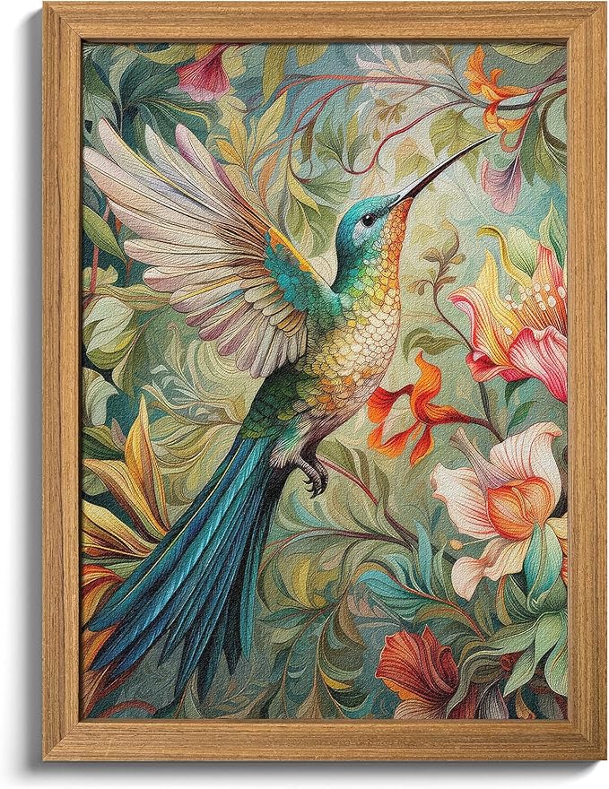 Framed Vintage 3D Textured Wall Art - Colorful Hummingbird Floral Wall Decor - Hand Painted Sandstone Nature Botanical Picture for Living Room Bedroom Home Decor 12x16 inch