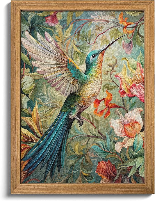 Framed Vintage 3D Textured Wall Art - Colorful Hummingbird Floral Wall Decor - Hand Painted Sandstone Nature Botanical Picture for Living Room Bedroom Home Decor 12x16 inch