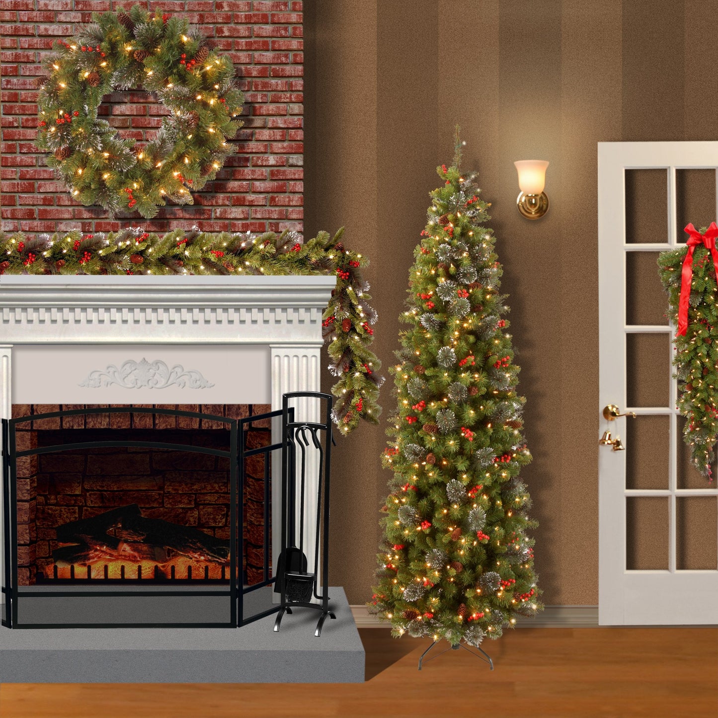 National Tree Company Pre-Lit Artificial Christmas Garland, Green, Crestwood Spruce, White Lights, Decorated with Glitter, Pinecones, Berry Clusters, Battery Operated, Christmas Collection, 9 Feet