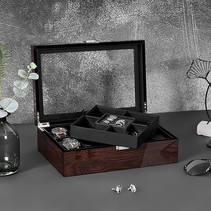 BEWISHOME Jewelry Box for Men, Mens Jewelry Box with Glass Top, Wooden Watch Box Organizer with Smooth Faux Leather Interior, Jewelry Display Case for Earrings Rings Bracelets Watches, Brown SSH07Y