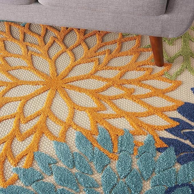Nourison Aloha Indoor/Outdoor Multicolor 5'3" x 7'5" Area Rug, Tropical, Botanical, Easy Clean, Non Shedding, Bed Room, Living Room, Dining Room, Deck, Backyard, Patio (5x7)